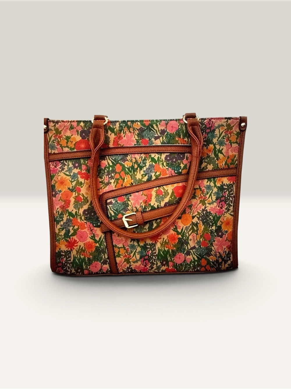 Floral Tote Bag with Brown Trim - Women's Handbag